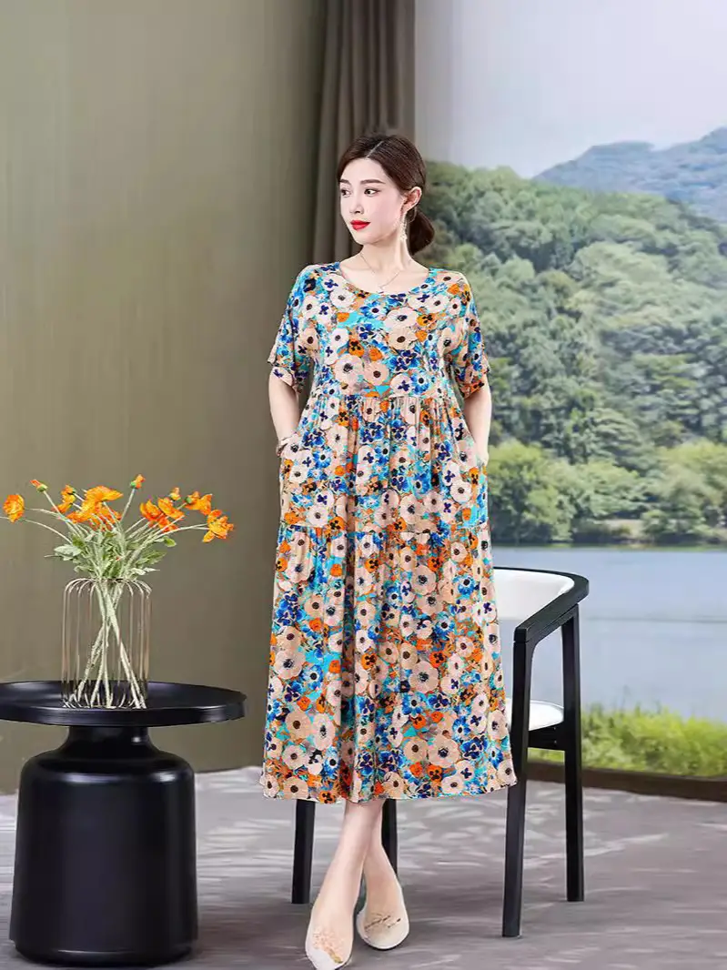Women Green Long Skirt Dress Summer Elegant Cotton