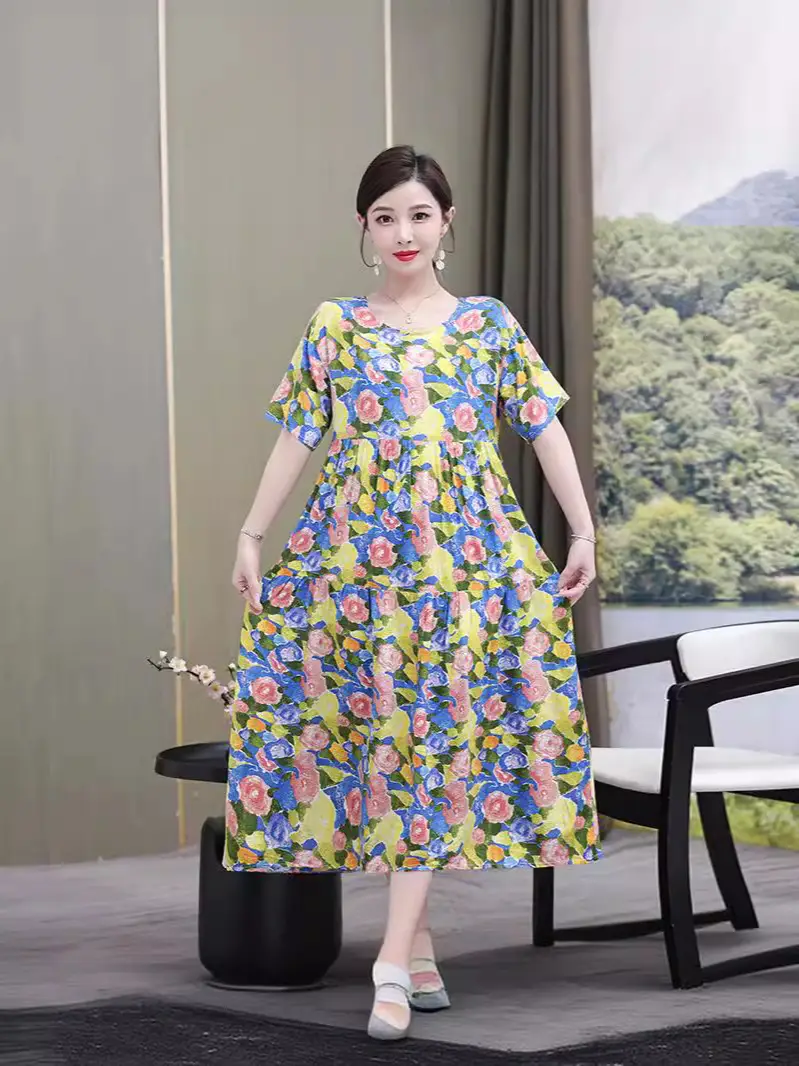 Women Green Long Skirt Dress Summer Elegant Cotton