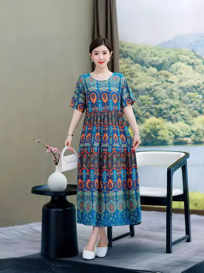 Women Green Long Skirt Dress Summer Elegant Cotton
