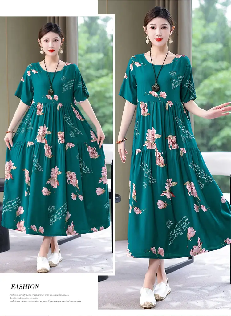 Women Green Long Skirt Dress Summer Elegant Cotton — feature 17