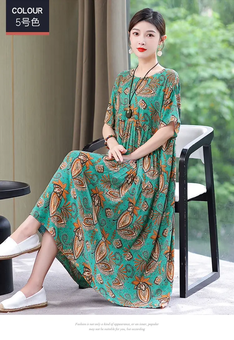 Women Green Long Skirt Dress Summer Elegant Cotton — feature 22