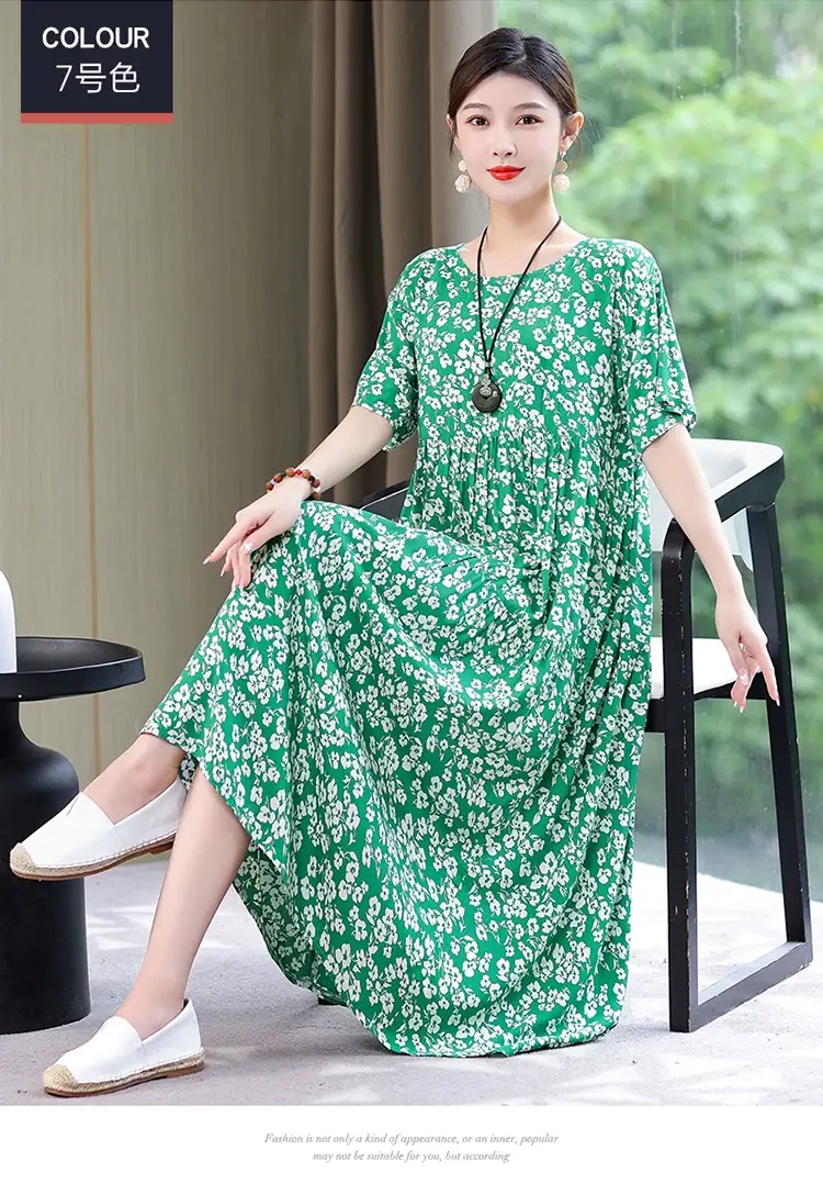 Women Green Long Skirt Dress Summer Elegant Cotton — feature 24