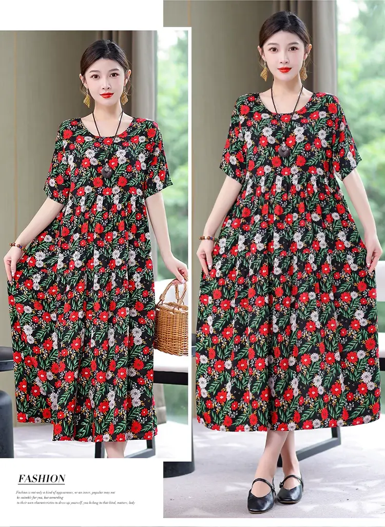 Women Green Long Skirt Dress Summer Elegant Cotton — feature 28