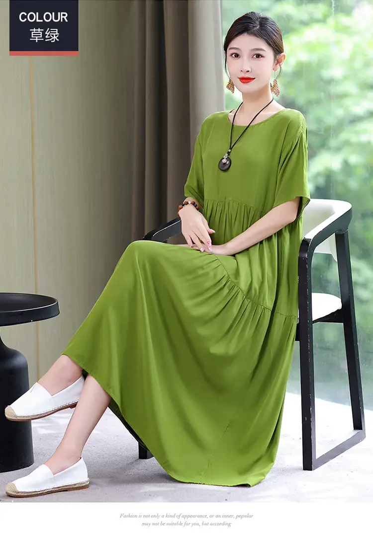 Women Green Long Skirt Dress Summer Elegant Cotton — feature 32