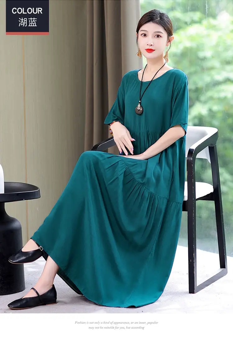 Women Green Long Skirt Dress Summer Elegant Cotton — feature 36