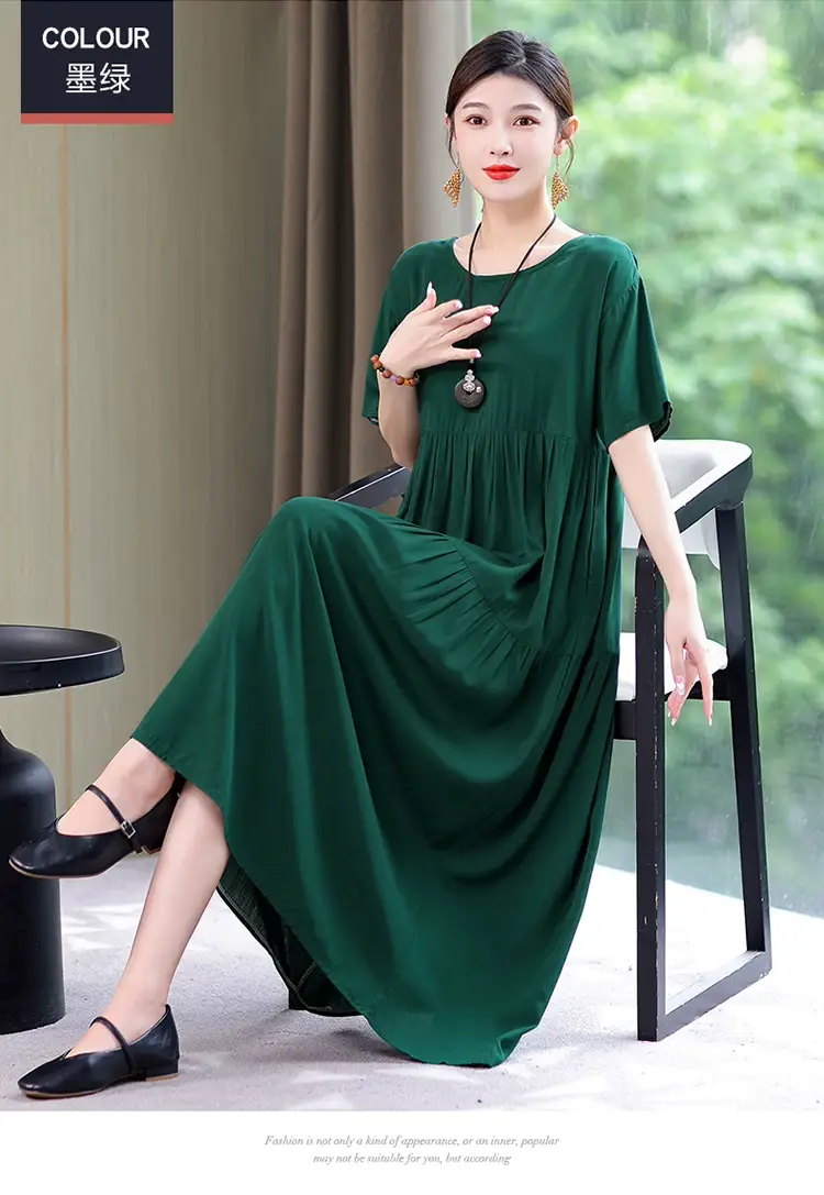 Women Green Long Skirt Dress Summer Elegant Cotton — feature 38