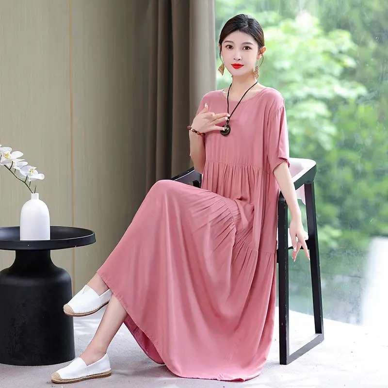 Women Green Long Skirt Dress Summer Elegant Cotton