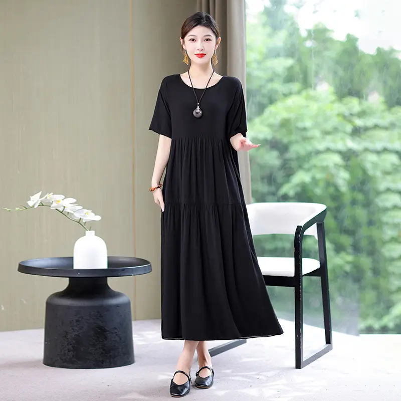 Women Green Long Skirt Dress Summer Elegant Cotton