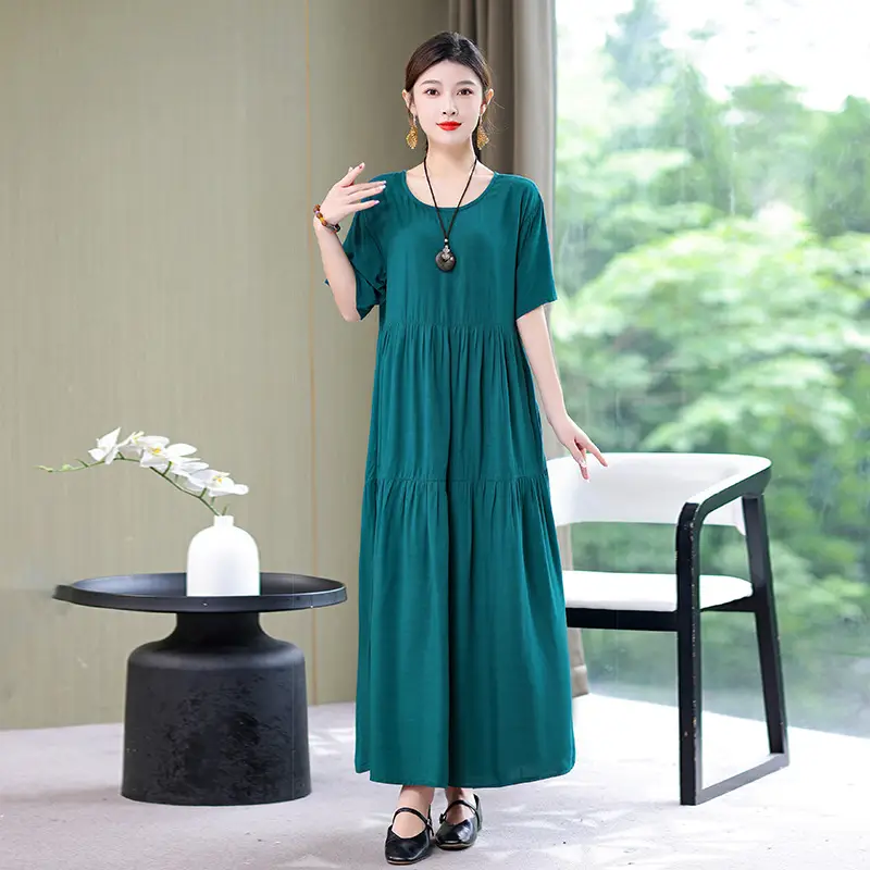 Women Green Long Skirt Dress Summer Elegant Cotton