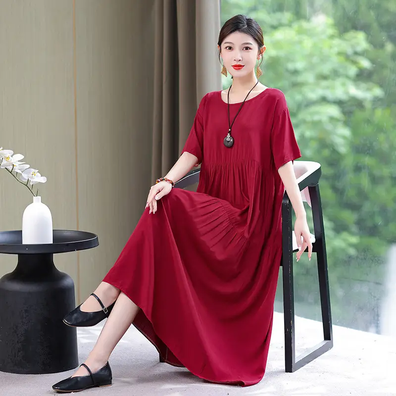 Women Green Long Skirt Dress Summer Elegant Cotton