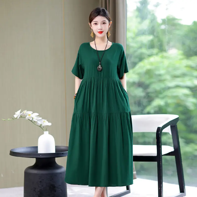 Women Green Long Skirt Dress Summer Elegant Cotton