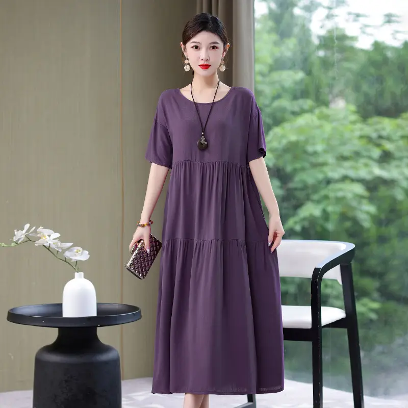 Women Green Long Skirt Dress Summer Elegant Cotton