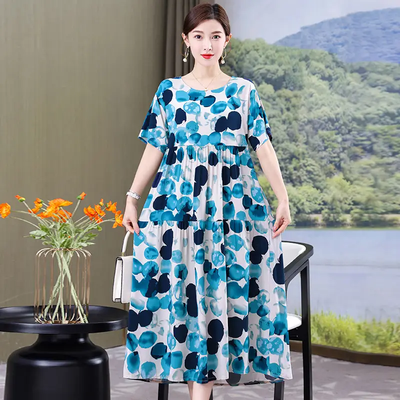 Women Green Long Skirt Dress Summer Elegant Cotton