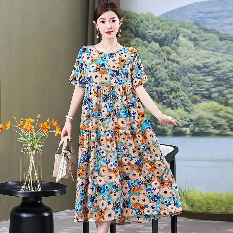 Women Green Long Skirt Dress Summer Elegant Cotton