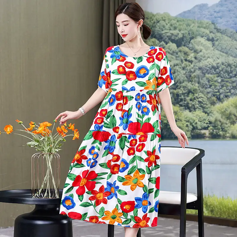 Women Green Long Skirt Dress Summer Elegant Cotton