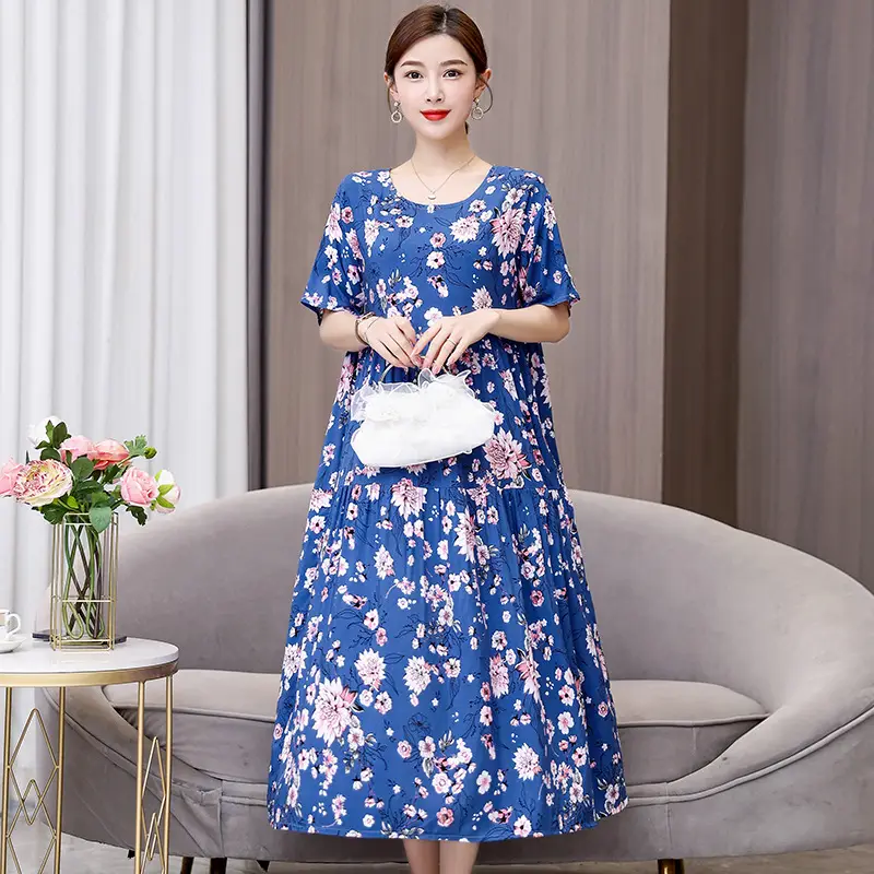 Women Green Long Skirt Dress Summer Elegant Cotton