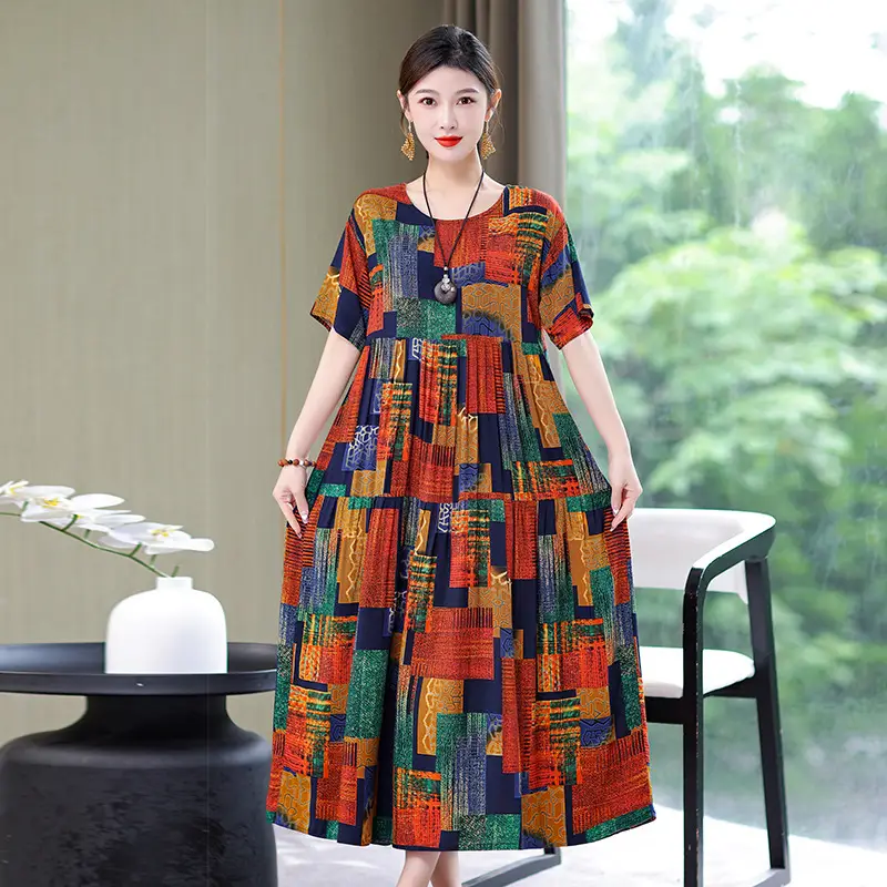 Women Green Long Skirt Dress Summer Elegant Cotton
