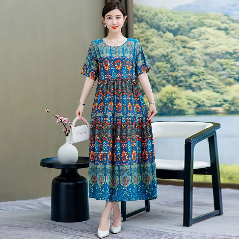 Women Green Long Skirt Dress Summer Elegant Cotton