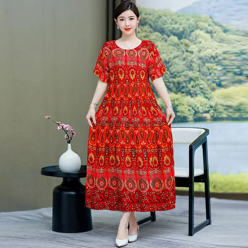 Women Green Long Skirt Dress Summer Elegant Cotton