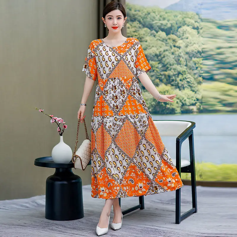 Women Green Long Skirt Dress Summer Elegant Cotton