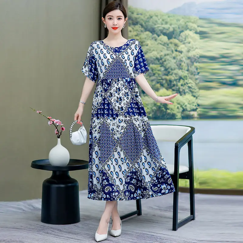 Women Green Long Skirt Dress Summer Elegant Cotton