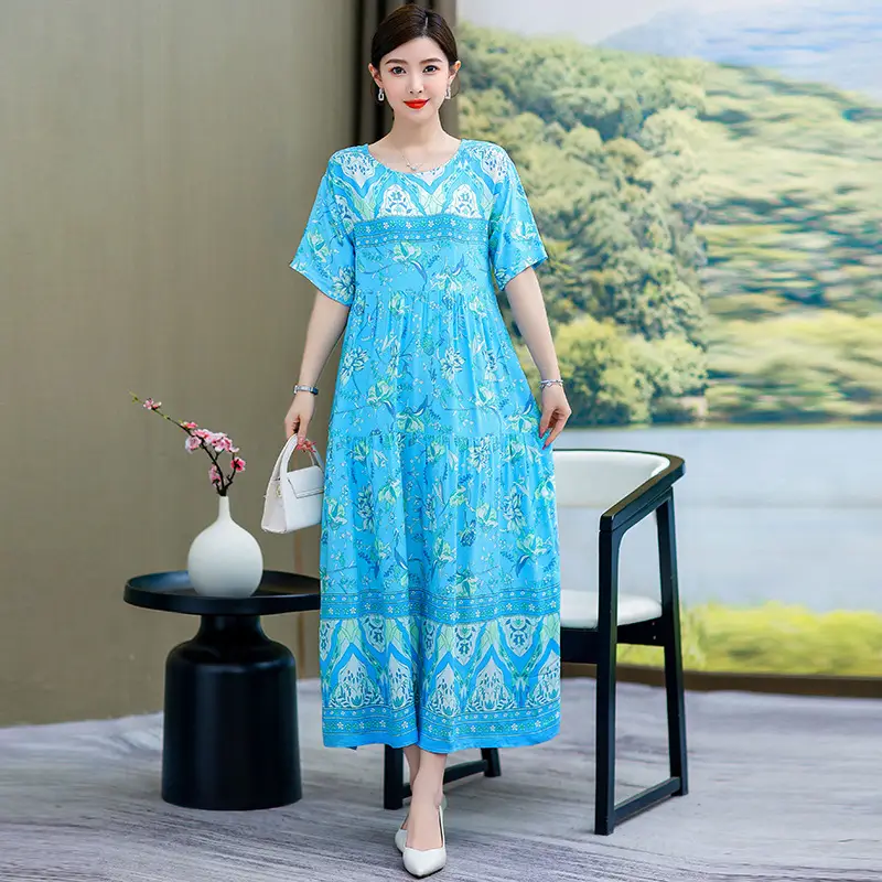 Women Green Long Skirt Dress Summer Elegant Cotton
