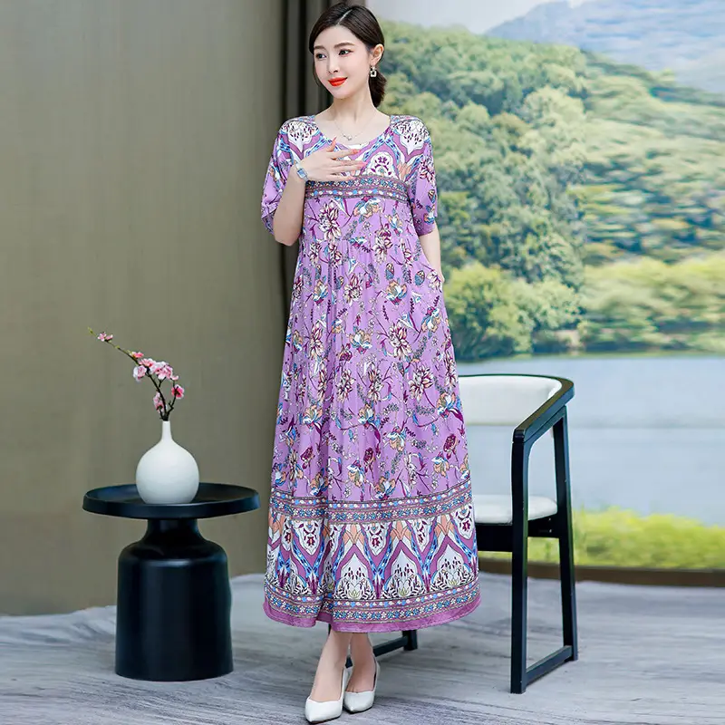 Women Green Long Skirt Dress Summer Elegant Cotton