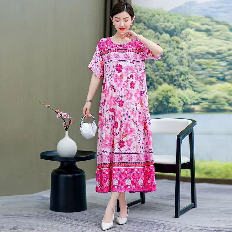 Women Green Long Skirt Dress Summer Elegant Cotton