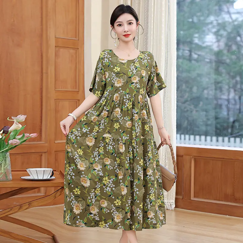 Women Green Long Skirt Dress Summer Elegant Cotton