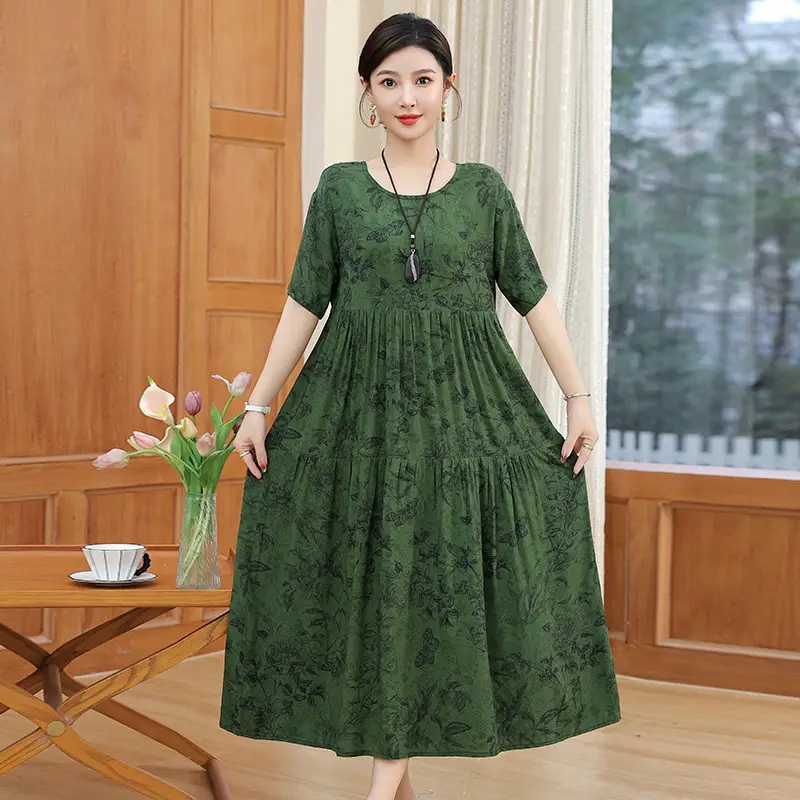 Women Green Long Skirt Dress Summer Elegant Cotton