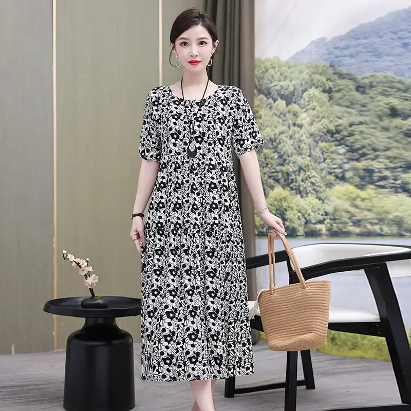 Women Green Long Skirt Dress Summer Elegant Cotton