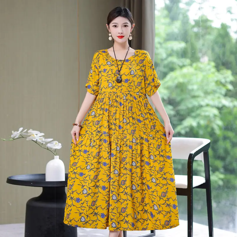 Women Green Long Skirt Dress Summer Elegant Cotton