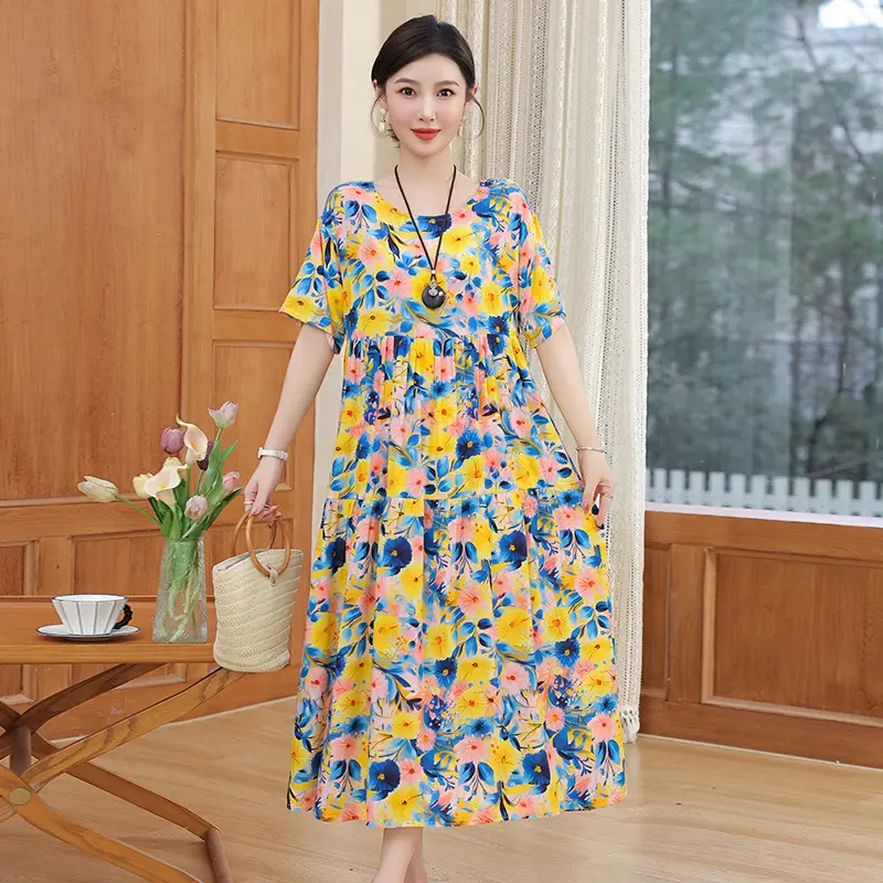 Women Green Long Skirt Dress Summer Elegant Cotton