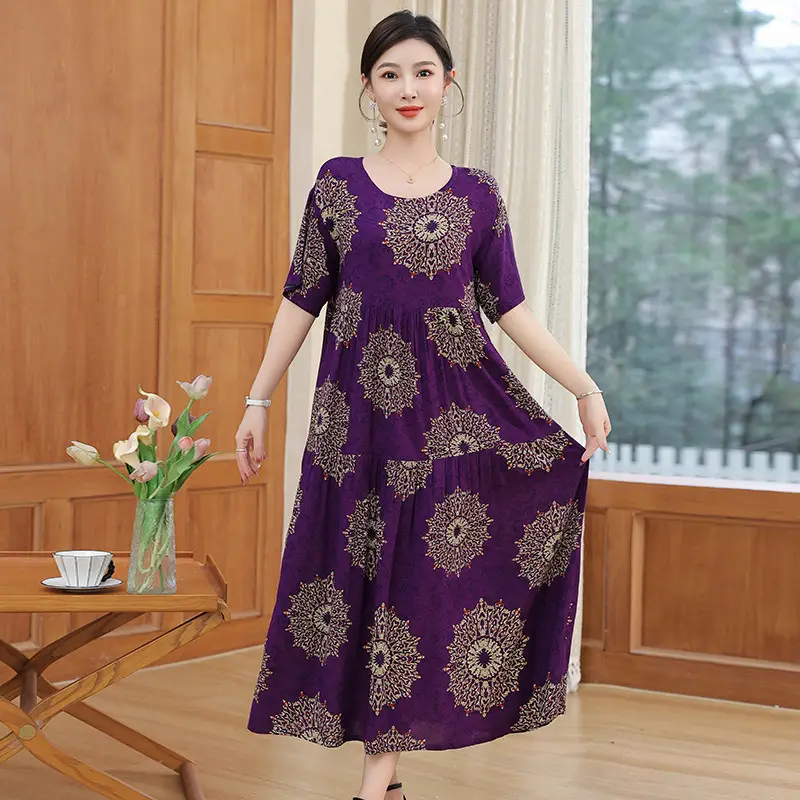 Women Green Long Skirt Dress Summer Elegant Cotton