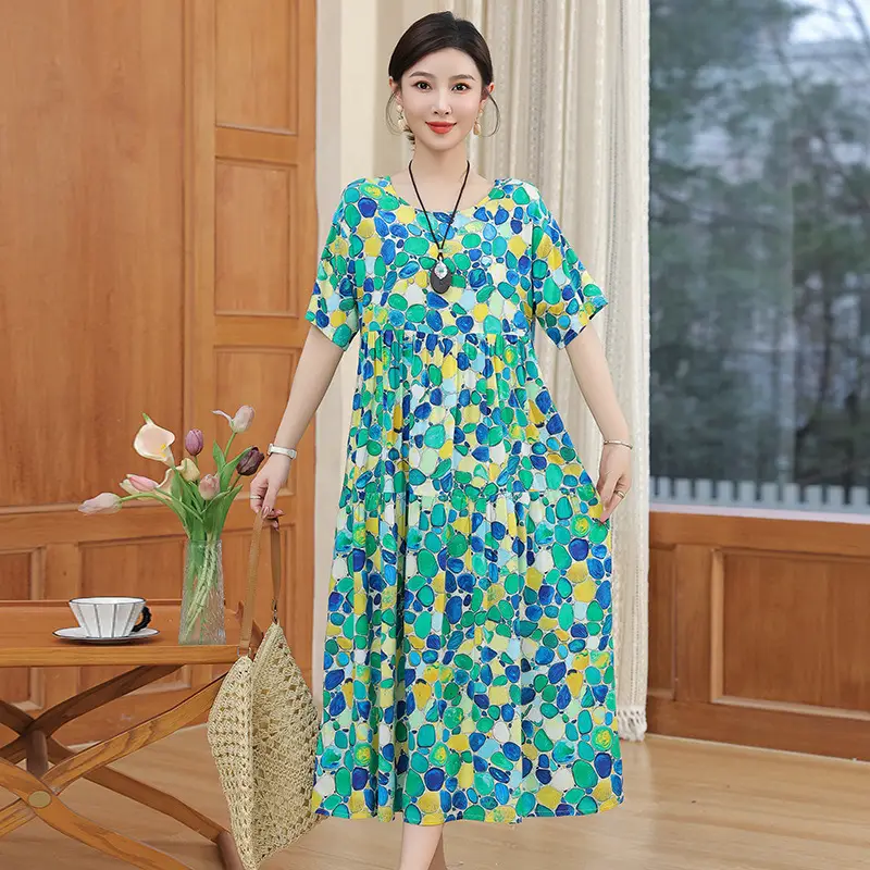Women Green Long Skirt Dress Summer Elegant Cotton