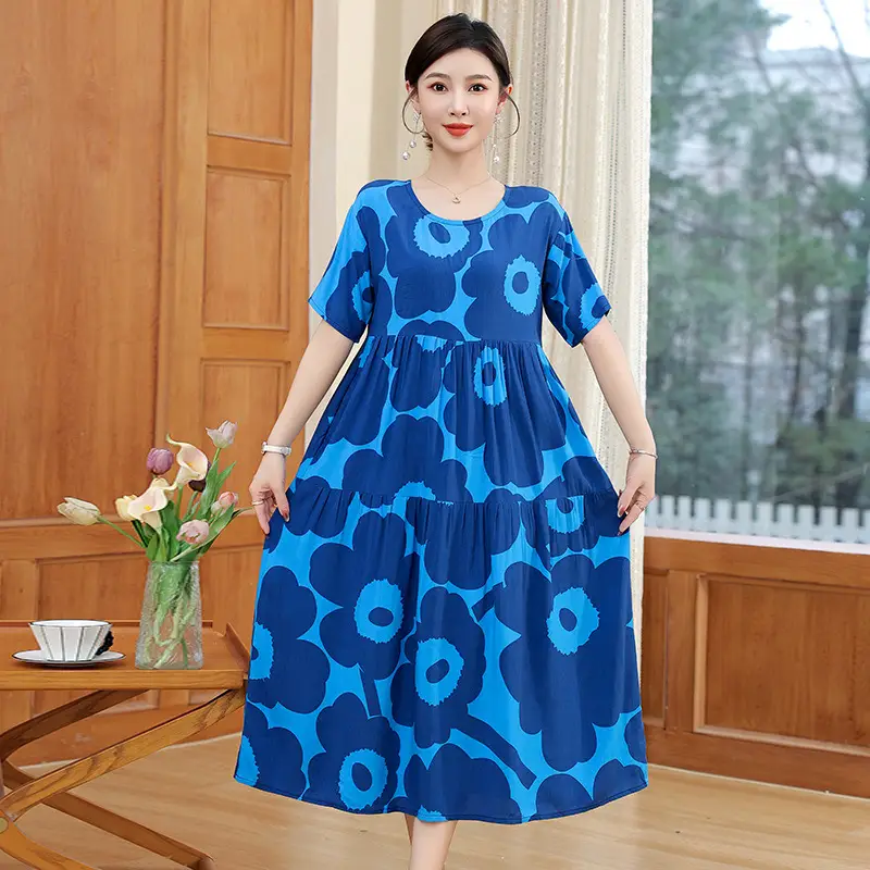 Women Green Long Skirt Dress Summer Elegant Cotton