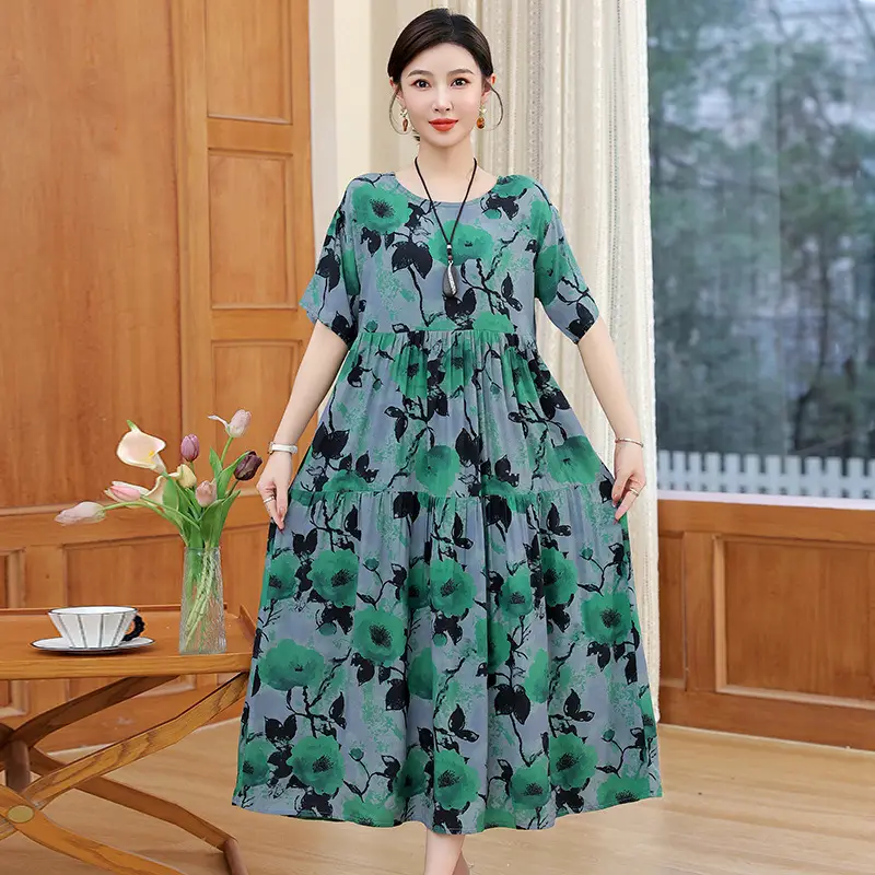 Women Green Long Skirt Dress Summer Elegant Cotton