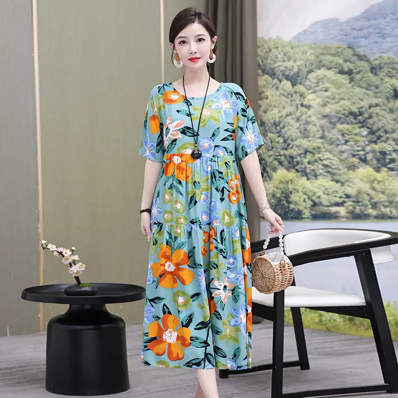 Women Green Long Skirt Dress Summer Elegant Cotton