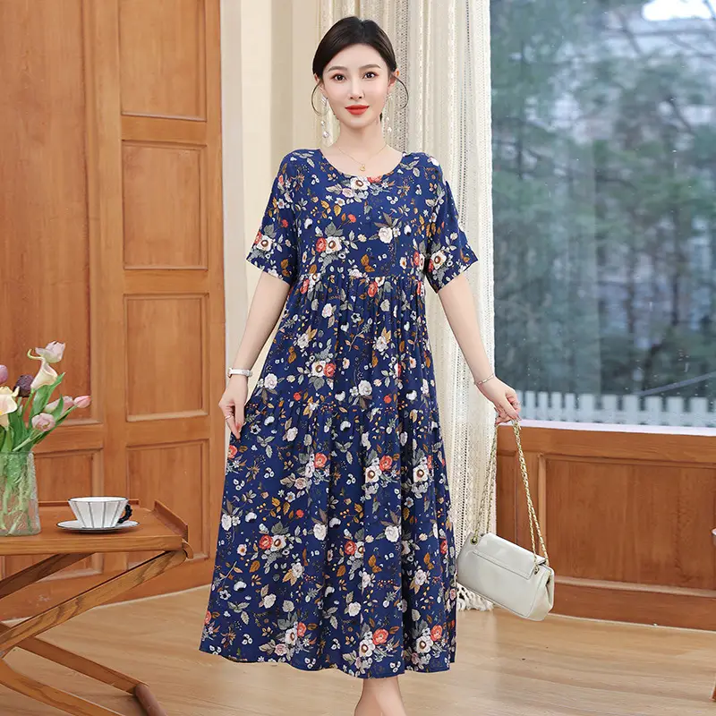 Women Green Long Skirt Dress Summer Elegant Cotton