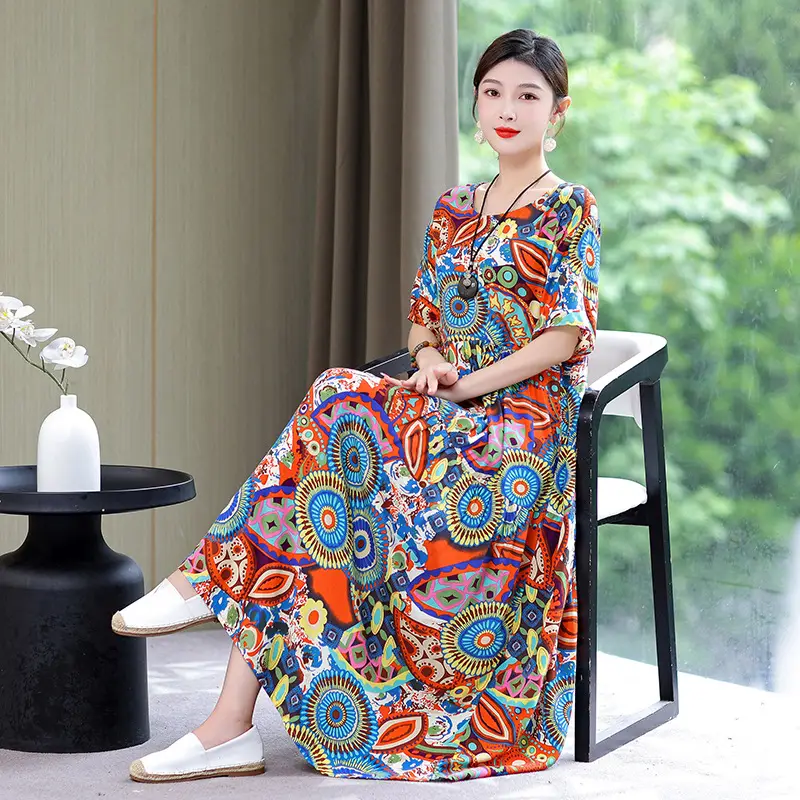 Women Green Long Skirt Dress Summer Elegant Cotton