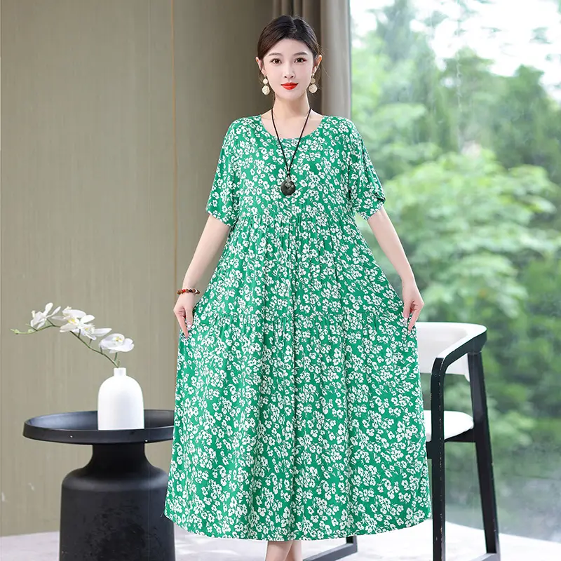Women Green Long Skirt Dress Summer Elegant Cotton