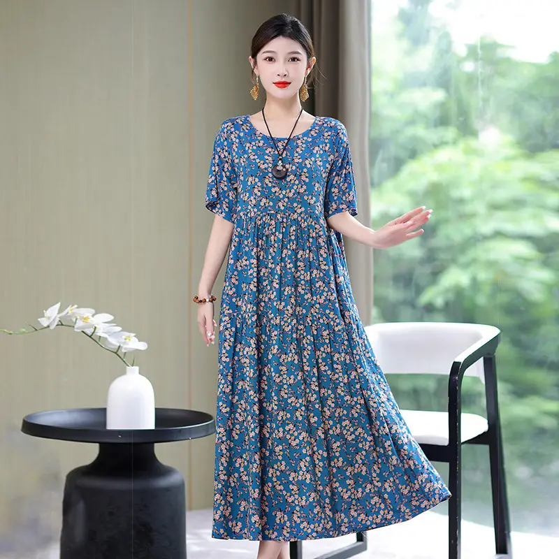 Women Green Long Skirt Dress Summer Elegant Cotton