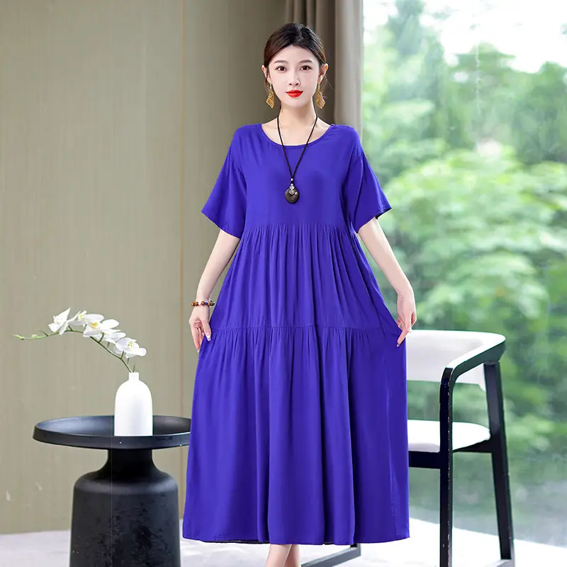 Women Green Long Skirt Dress Summer Elegant Cotton