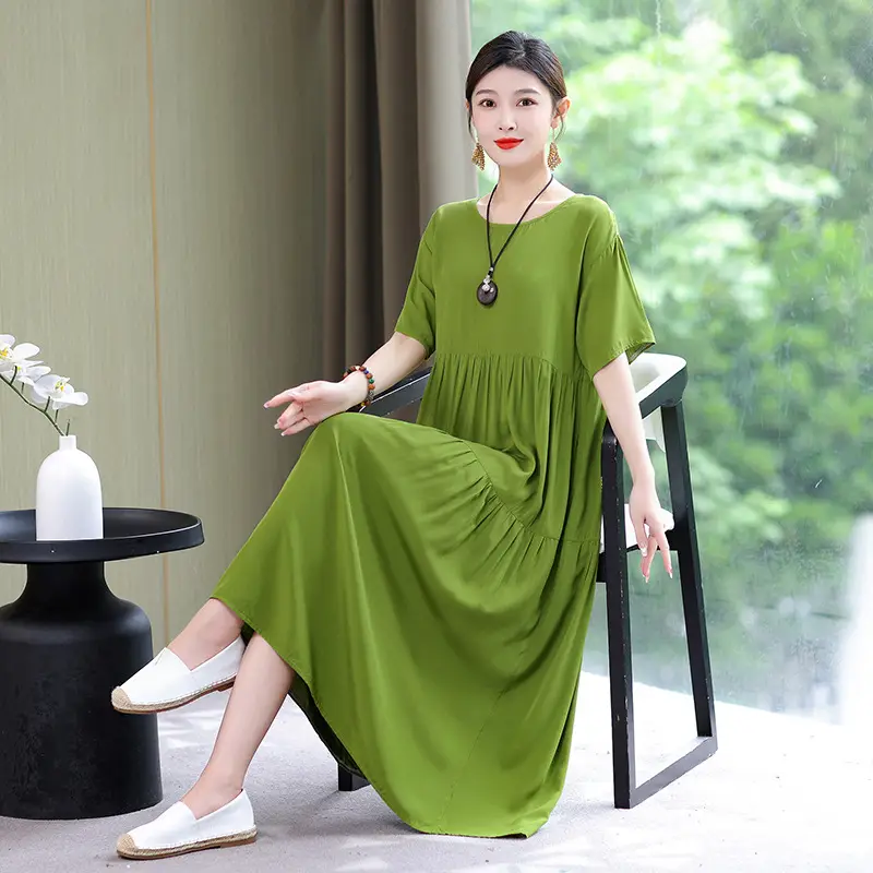 Women Green Long Skirt Dress Summer Elegant Cotton