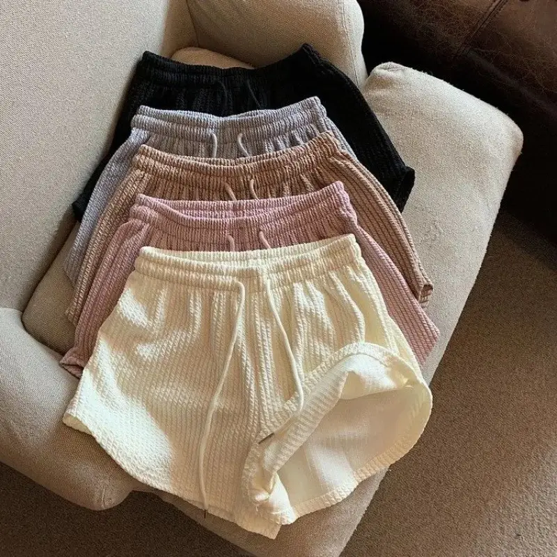 Women Black Waffle High Waist Shorts 2022 - Image 6