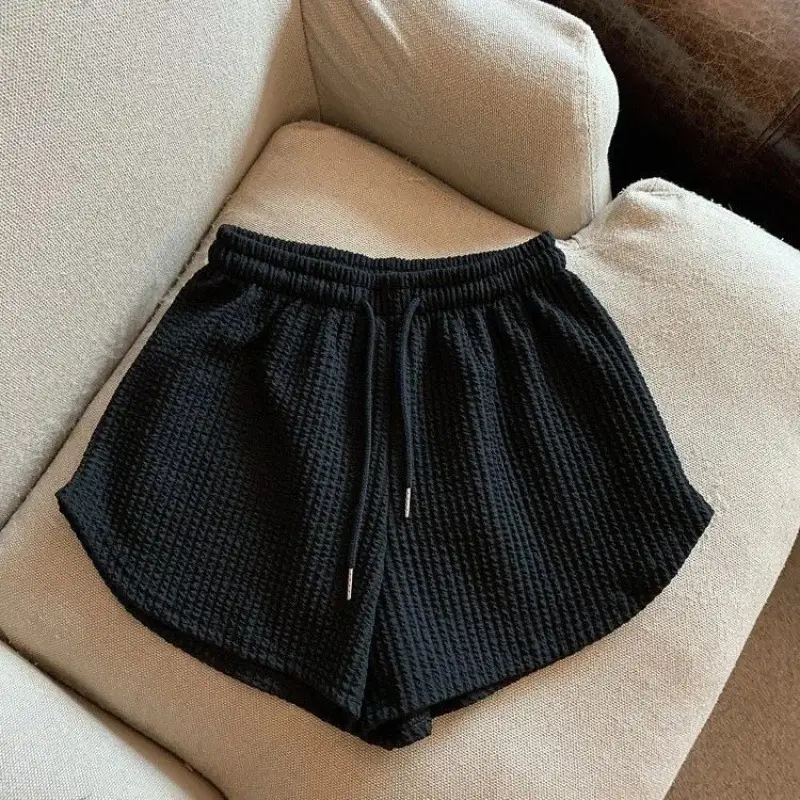 Women Black Waffle High Waist Shorts 2022 - Image 7