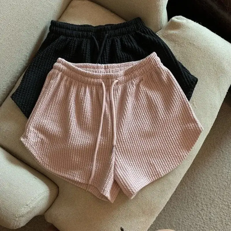 Women Black Waffle High Waist Shorts 2022 - Image 8