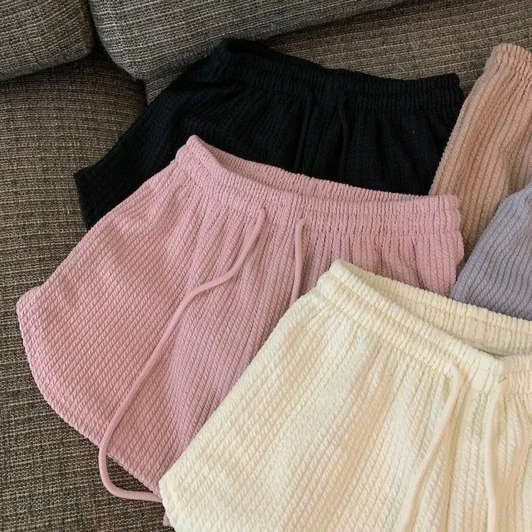 Women Black Waffle High Waist Shorts 2022 — feature 12