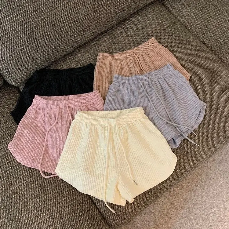 Women Black Waffle High Waist Shorts 2022 — feature 13
