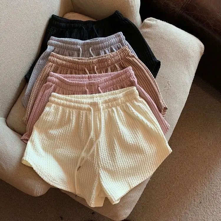 Women Black Waffle High Waist Shorts 2022 — feature 14